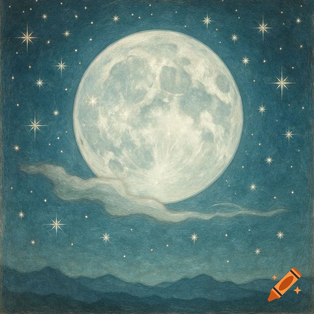 A large, glowing full moon in a dark blue, starry night sky with soft clouds and subtle mountains below, vintage illustration.