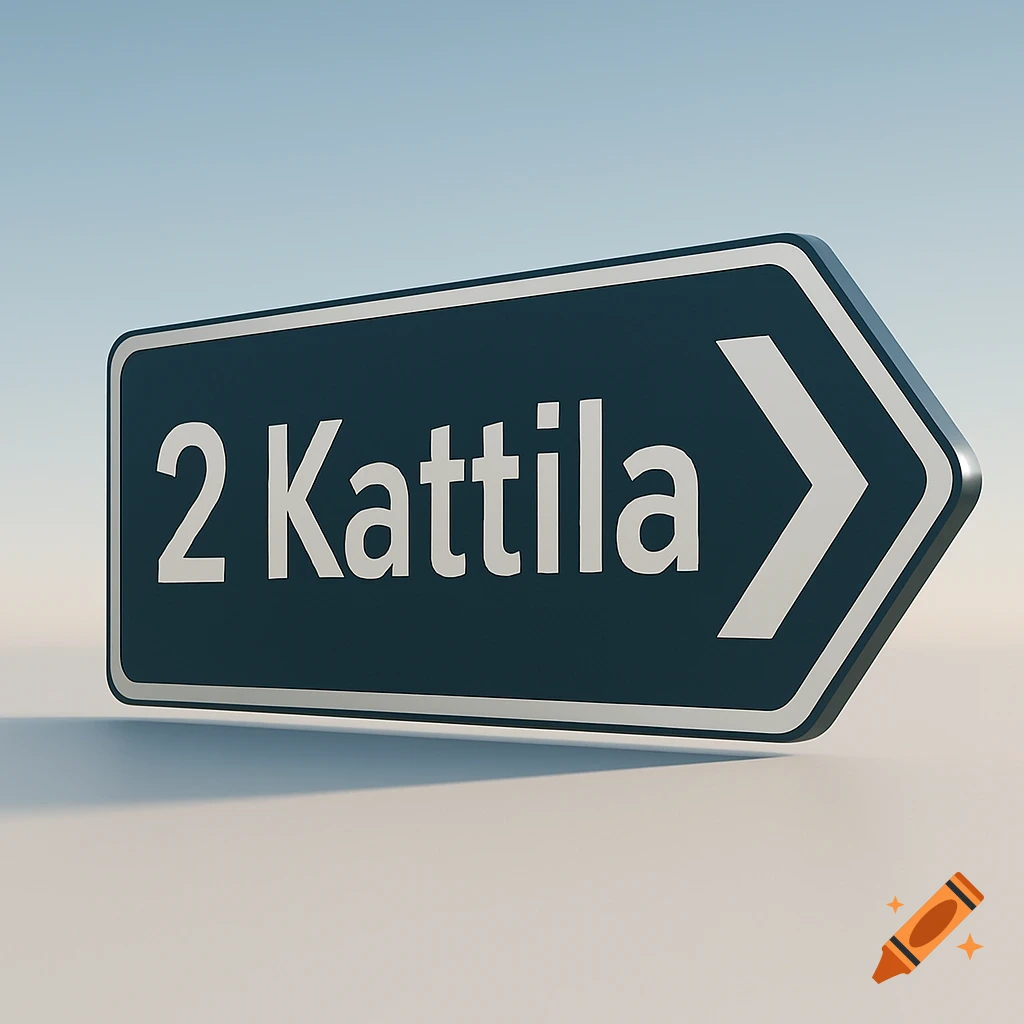 A blue and white 3D road sign with '2 Kattila' and a right-pointing arrow.