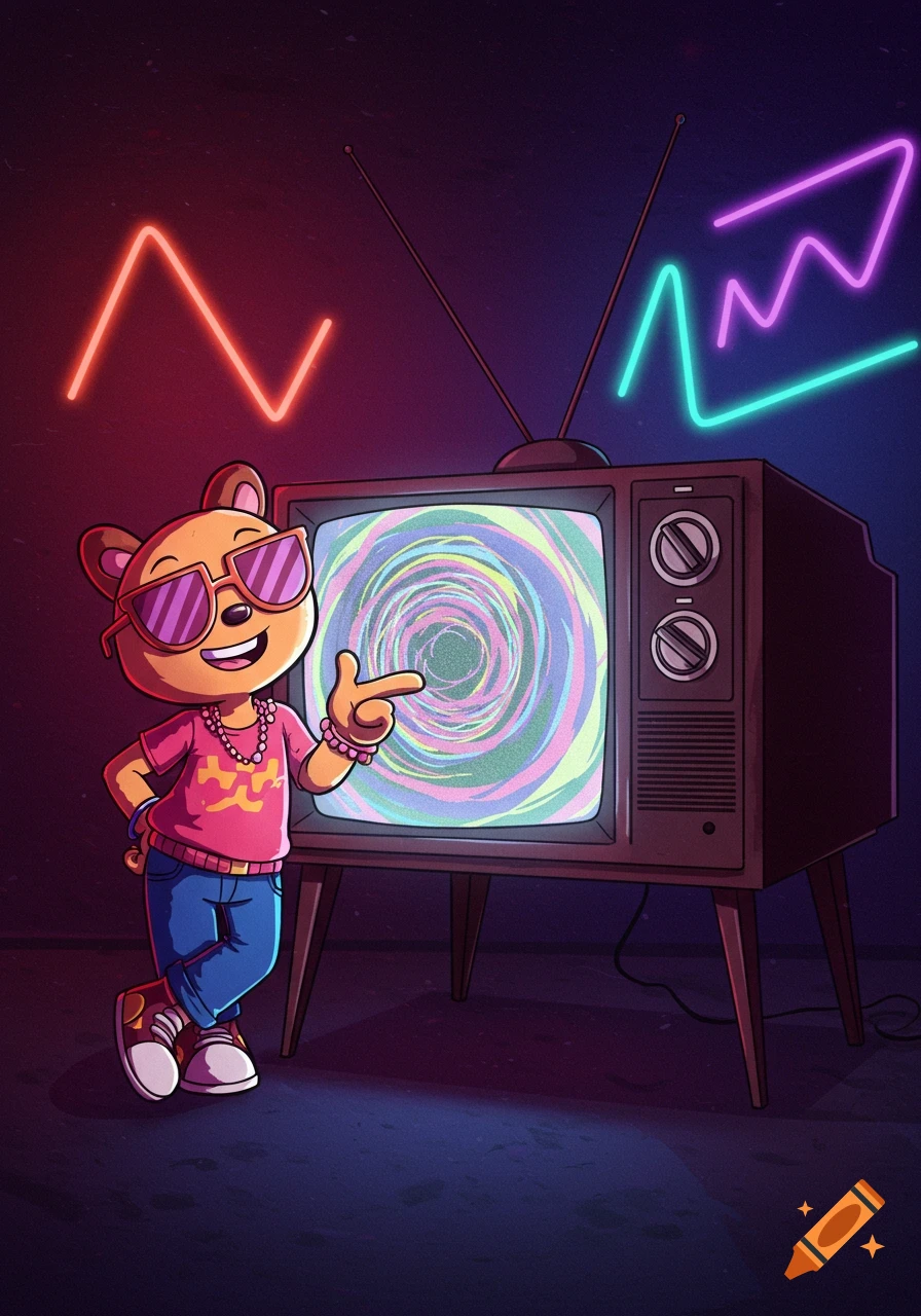 A cartoon bear in sunglasses and a pink shirt points at a vintage TV with a colorful swirl, against a retro neon-lit background.