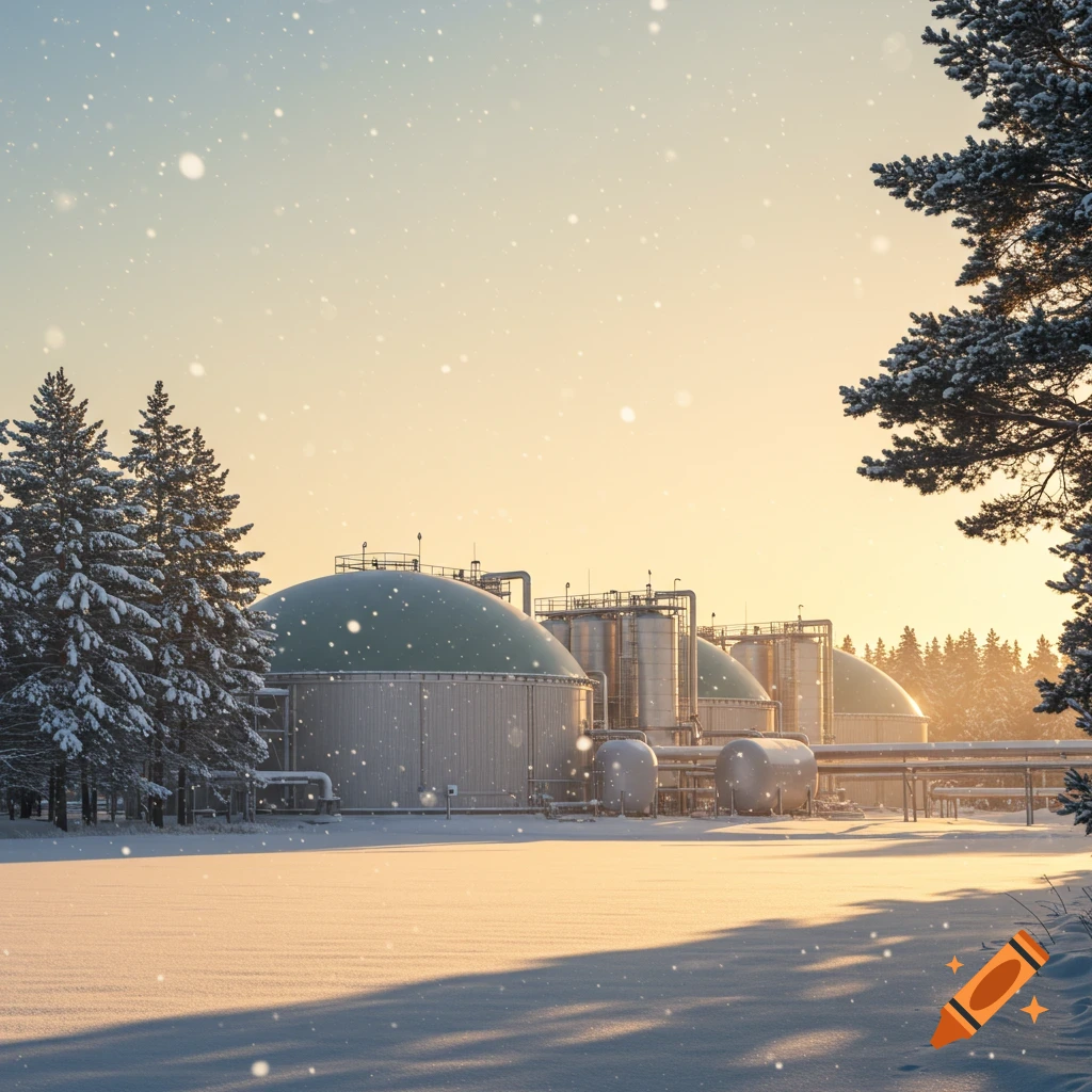 Photorealistic image of a biogas plant with large domed and cylindrical tanks in a snowy winter landscape at sunrise or sunset, with pine trees and falling snow.