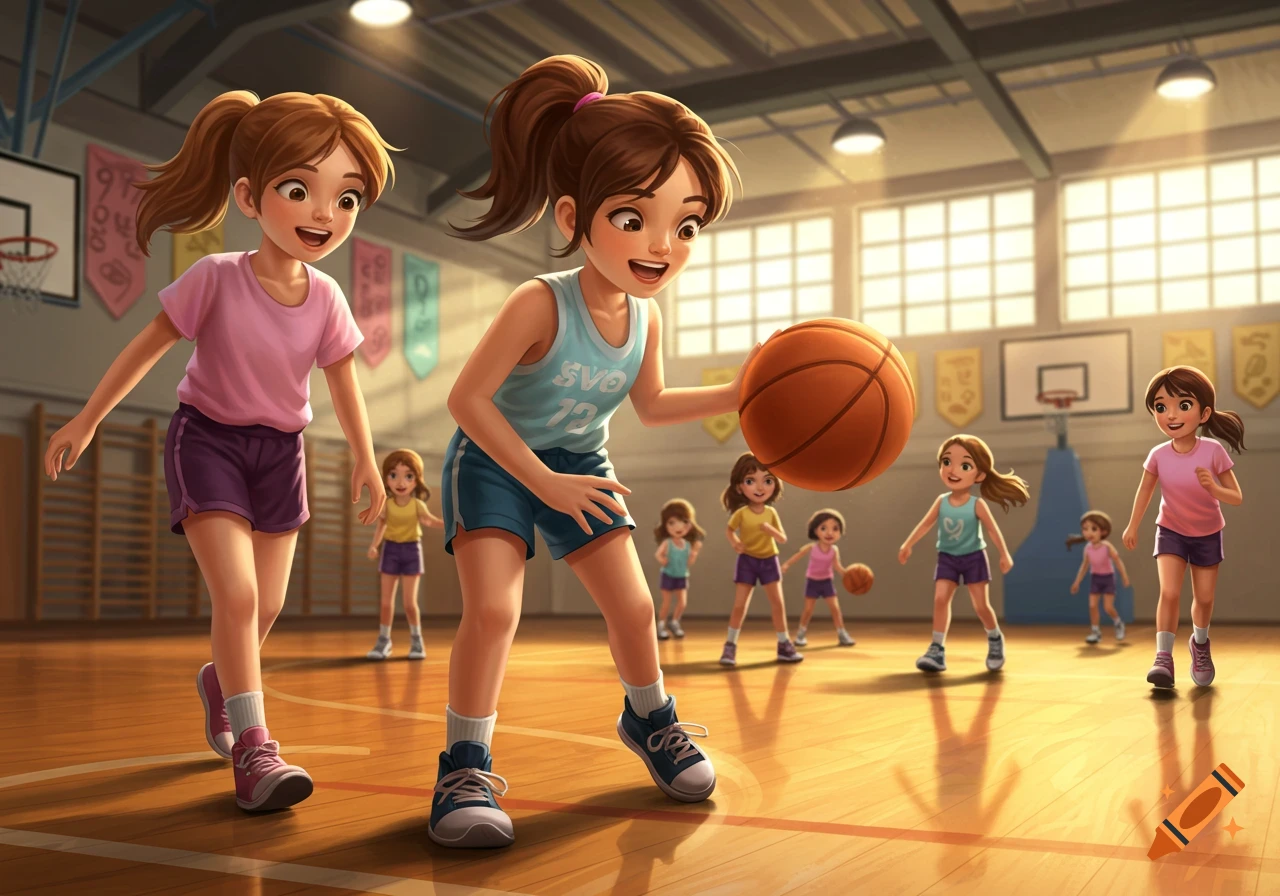 Two cartoon girls play basketball on an indoor court, with other girls in the background.