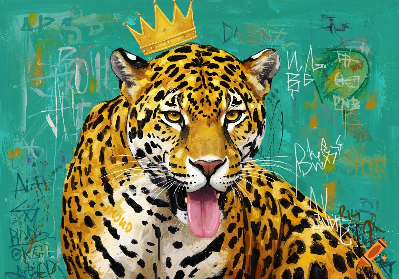 A neo-expressionist painting depicts a spotted jaguar wearing a gold crown against a graffiti-filled teal background, with its pink tongue sticking out.