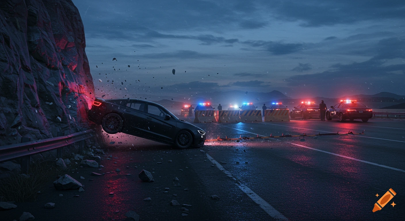 A black car crashed into a rock face on a dark road, with police cars and their flashing lights in the background. Photorealistic.