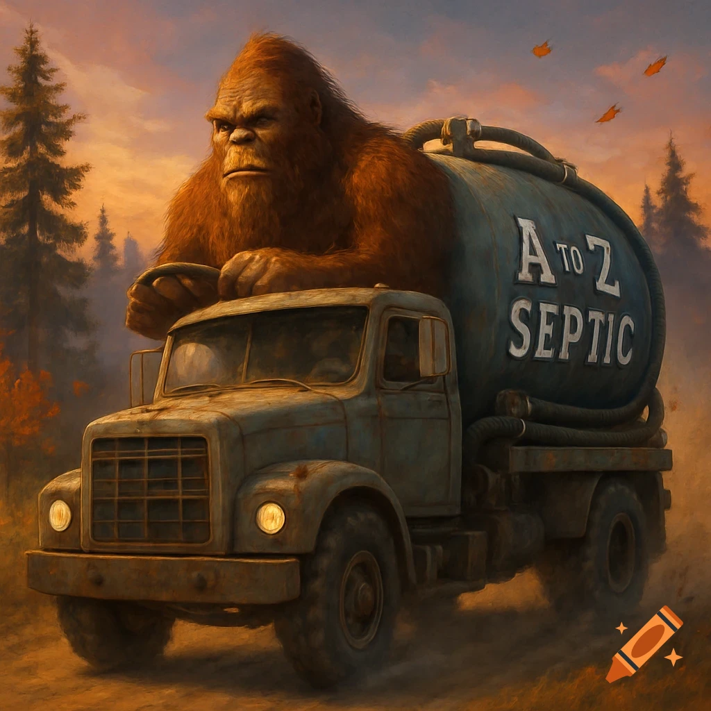Bigfoot drives an old septic truck with "A to Z SEPTIC" on the tank through a dusty, forested landscape at sunset.