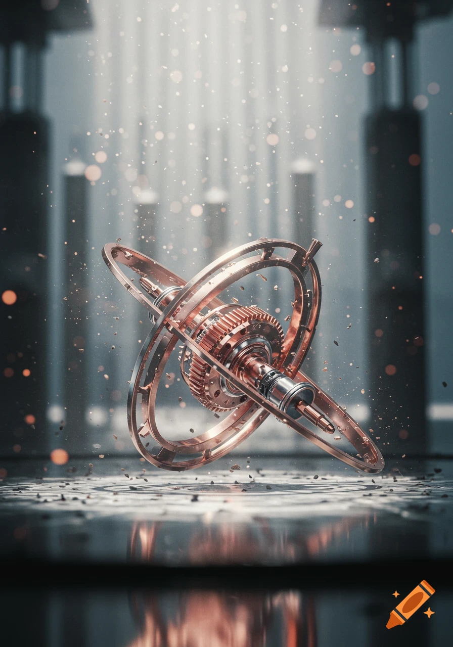 A detailed, broken copper and silver gyroscope floats and scatters debris in a moody, light-filled, abstract setting.