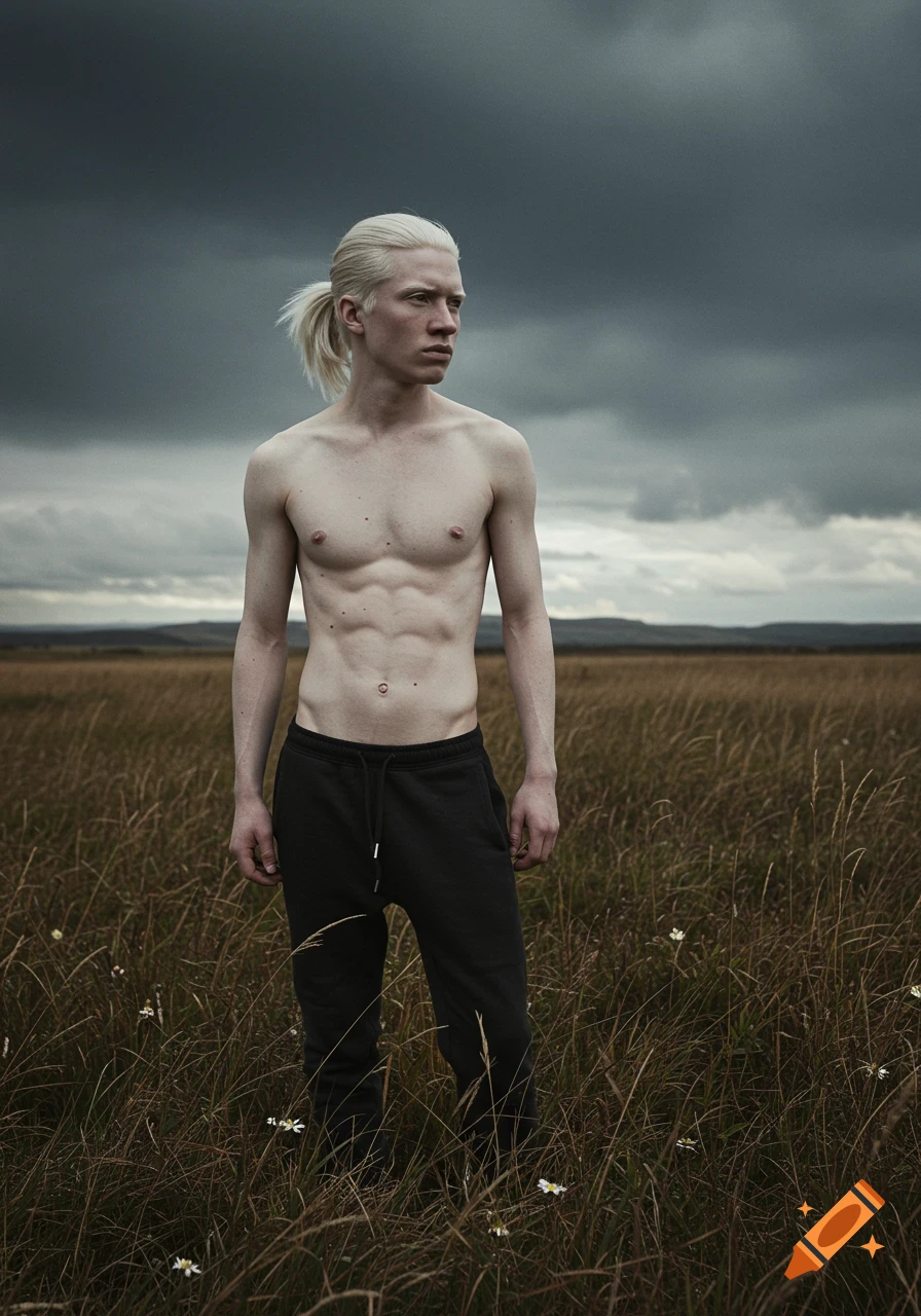 Shirtless albino man with a ponytail and black sweatpants stands in a field under a dramatic cloudy sky.