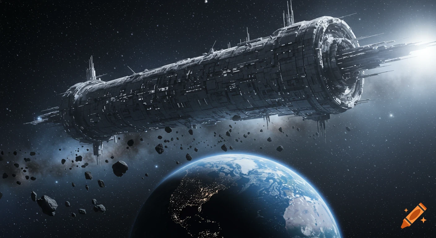 A giant, detailed tubular spaceship orbits above a brightly lit Earth, surrounded by asteroids in deep space.