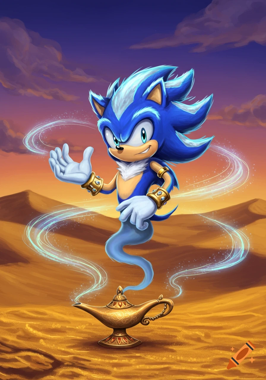 Blue hedgehog genie with white streaks emerges from a golden lamp in a desert at sunset, digital art.