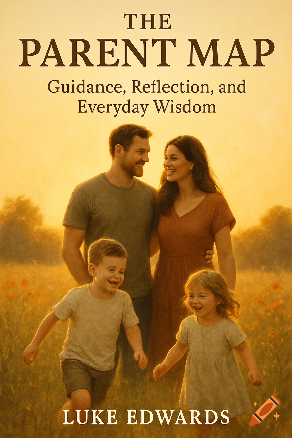 A happy family of four, including parents and two young children, smiling in a sunny, golden field, depicted on a book cover.