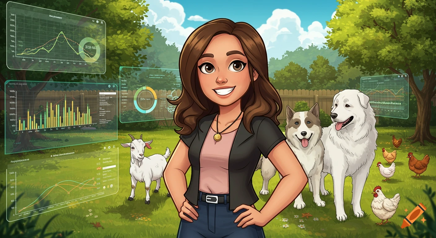 Cartoon of a smiling woman in a garden with dogs, a goat, chickens, and floating data dashboards.