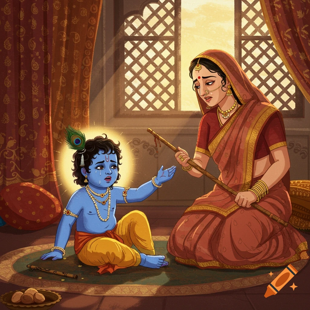Crying blue-skinned Little Krishna sitting on the floor reaching out to Yashoda, who holds a stick in a traditional Indian art style.