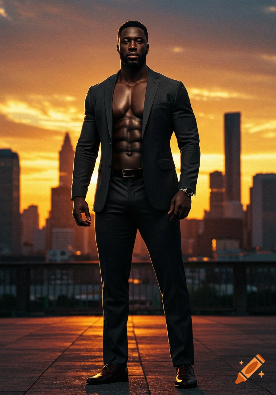 Muscular Black man in an open suit jacket and pants on a city rooftop at sunset, with a skyline behind him.