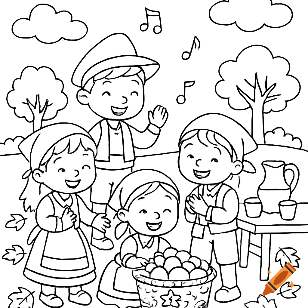 Black and white coloring page of happy children in traditional attire celebrating a chestnut harvest festival with cider and music outdoors.