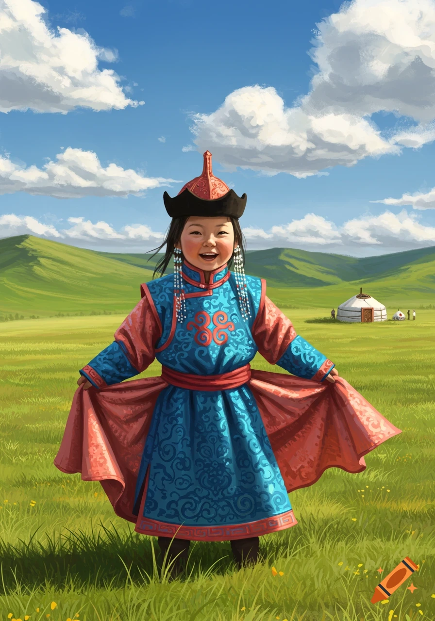 A smiling child in a blue and red Mongolian deel and hat stands in a green grassland with a yurt in the background, illustrated.