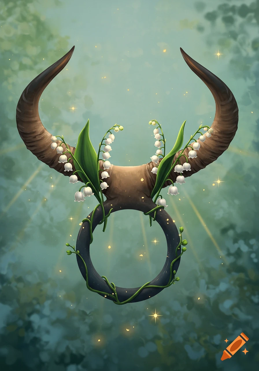 A fantasy illustration of a Taurus zodiac symbol with horns adorned with white lily-of-the-valley flowers against a magical green background.