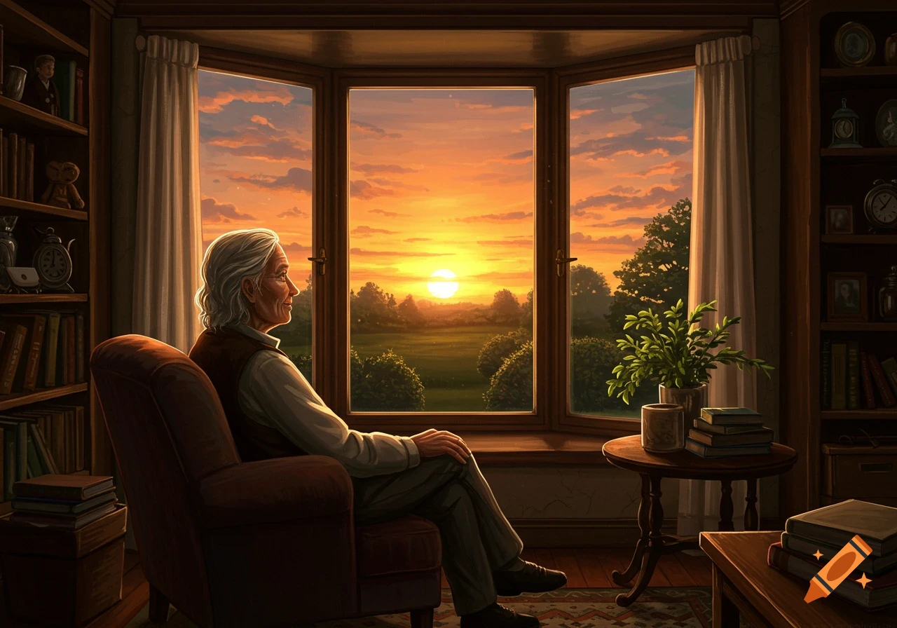 An elderly person with white hair sits in an armchair, looking out a large bay window at a vibrant orange and yellow sunset over a green landscape.
