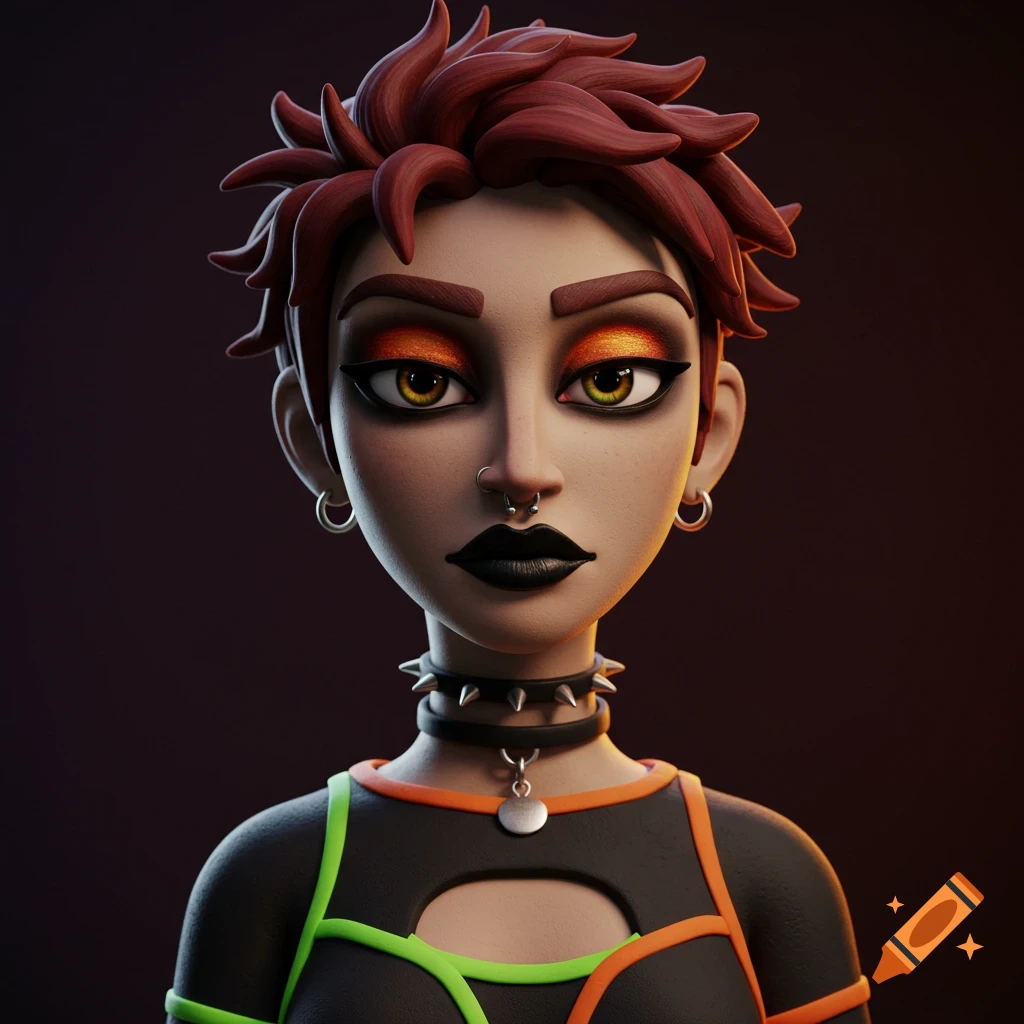 A stylized gothic character with dark red hair, bold makeup, piercings, and chokers, rendered in a clay animation style.