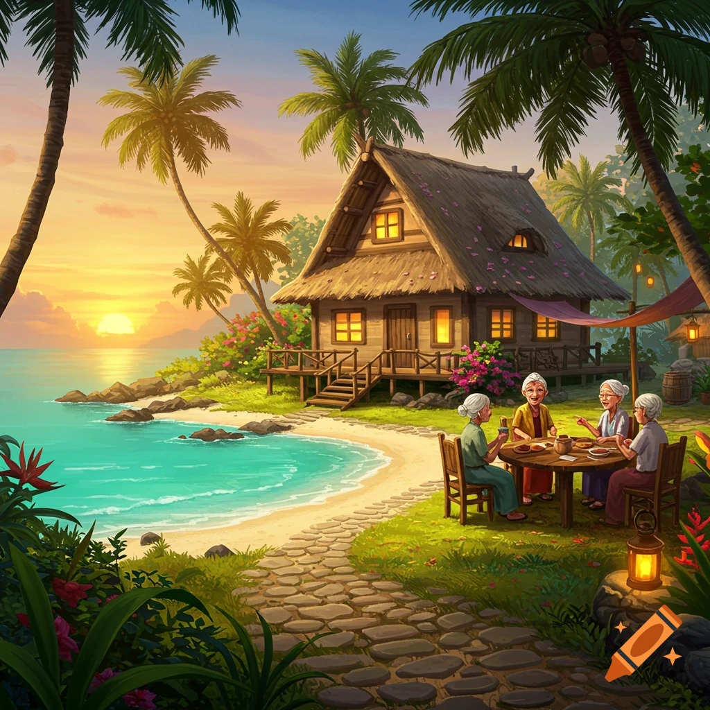 Cartoon of four elderly women sitting at a table on a sandy beach next to a hut at sunset on a tropical island.