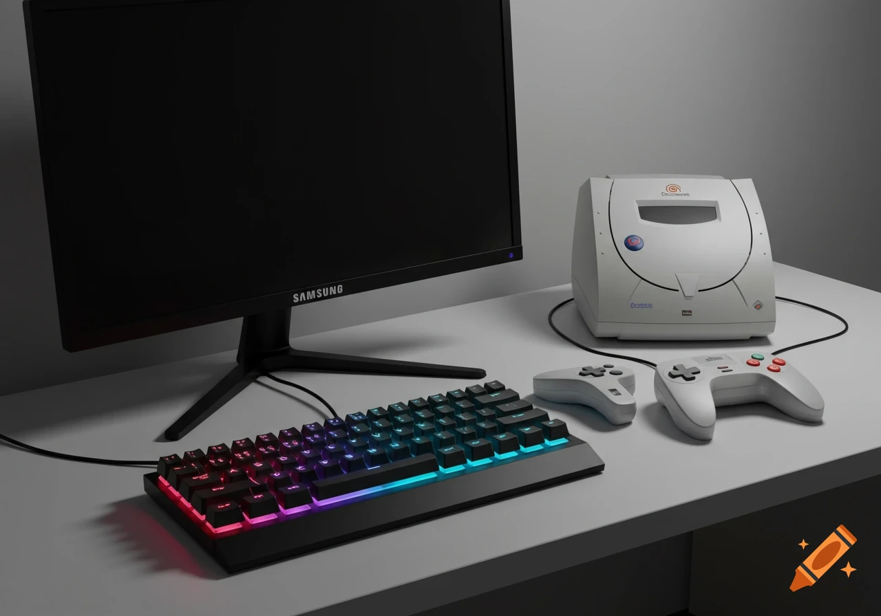 Photorealistic image of a gaming setup with a Samsung monitor, RGB keyboard, Sega Dreamcast, and two controllers on a white desk.