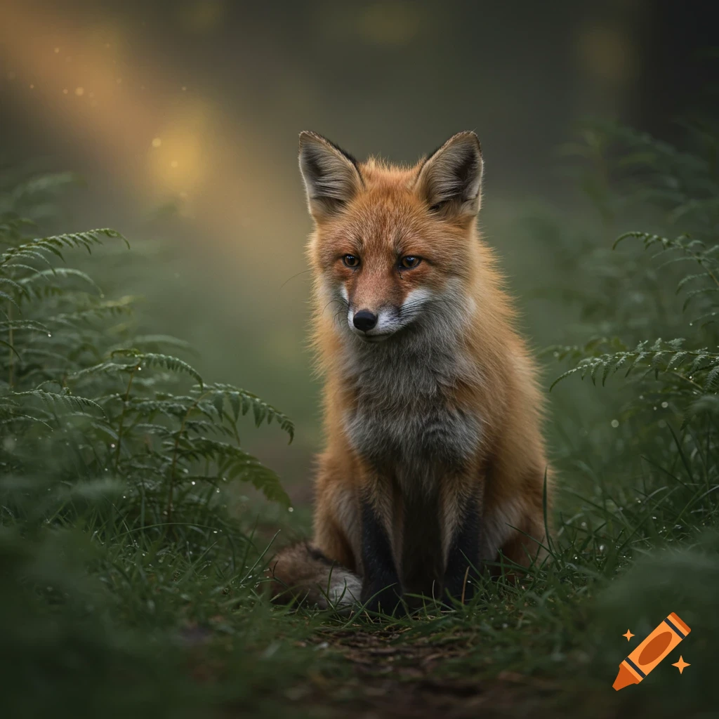 A photorealistic image of a red fox sitting on a dirt path surrounded by green ferns in a forest with dappled sunlight.