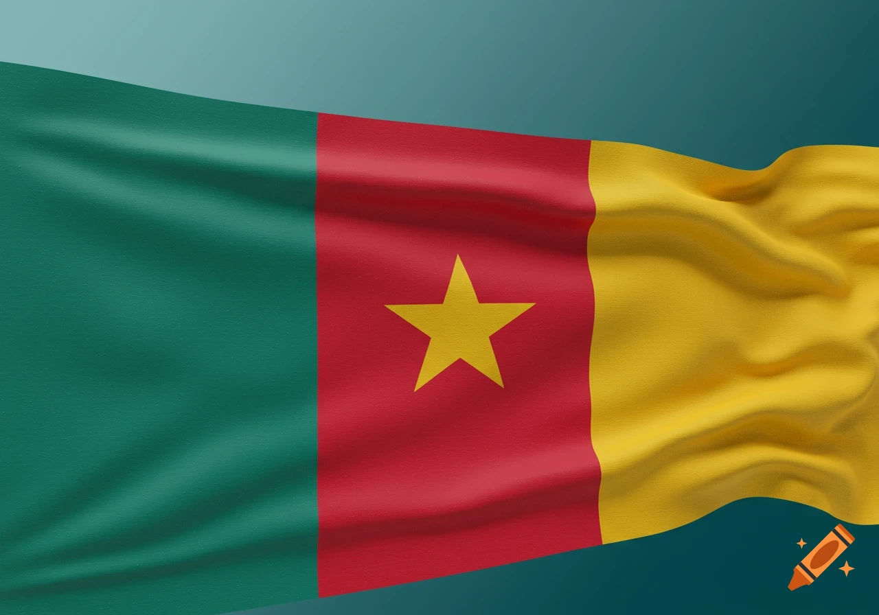 Waving national flag of Cameroon with vertical green, red, and yellow stripes and a central yellow star.