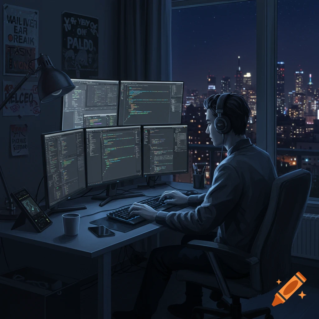A person with headphones codes on multiple monitors at a desk, with a city skyline visible outside a window at night.