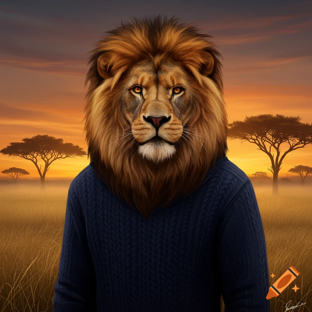 An anthropomorphic lion wearing a navy blue cable-knit sweater stands in a savanna at sunset, with acacia trees in the background.