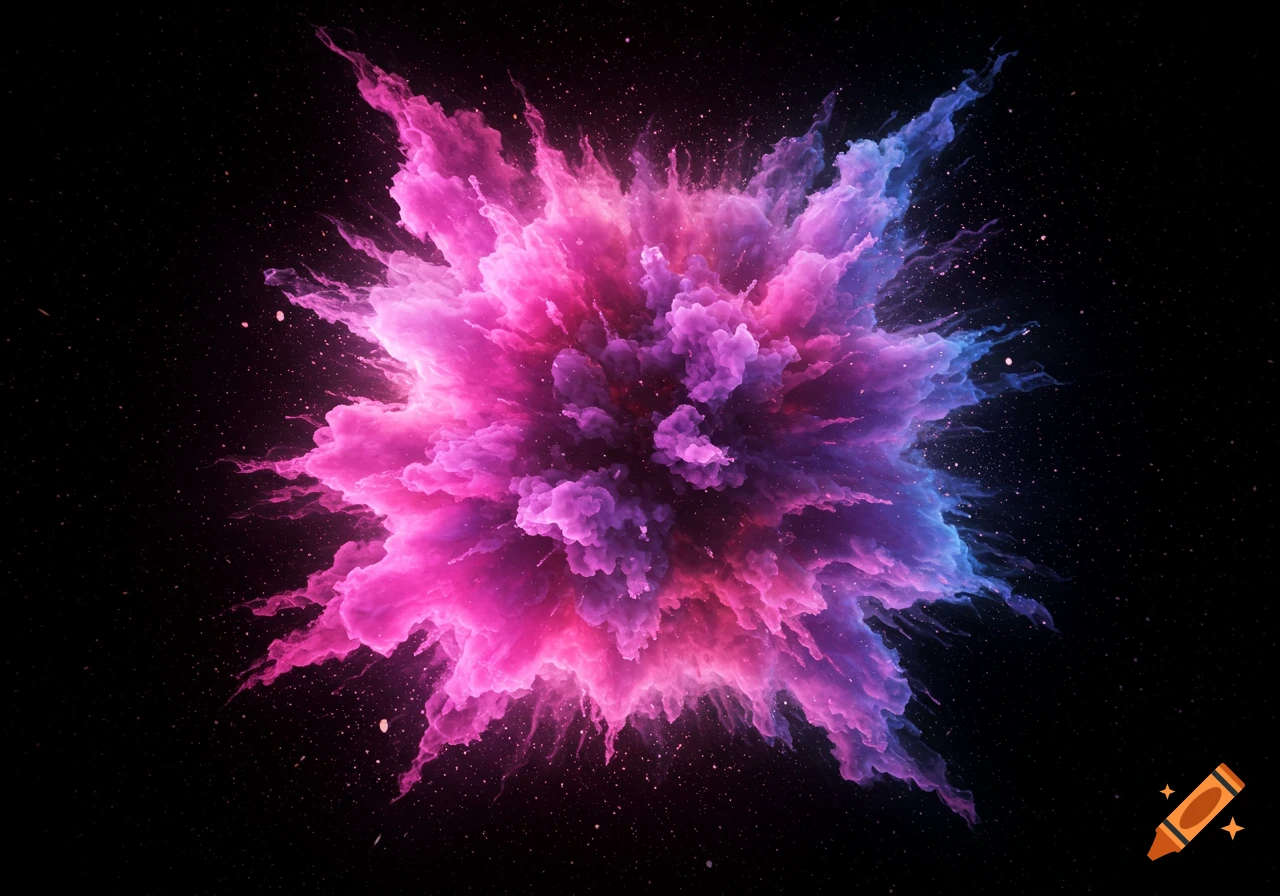 A vibrant explosion of pink, purple, and blue powder against a dark, starry background.