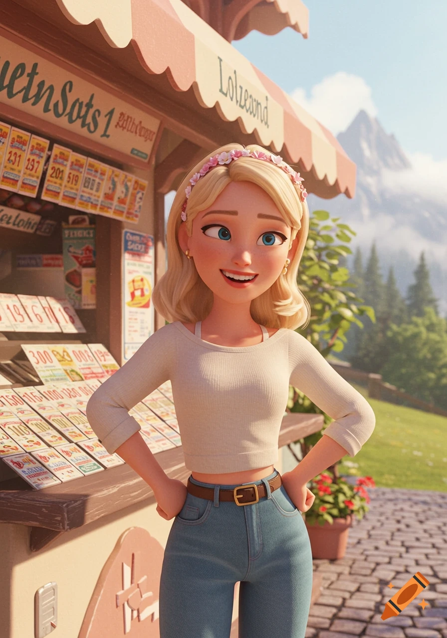 A smiling blonde woman in Pixar style with a flower headband stands at an outdoor Swiss kiosk with mountains behind her.
