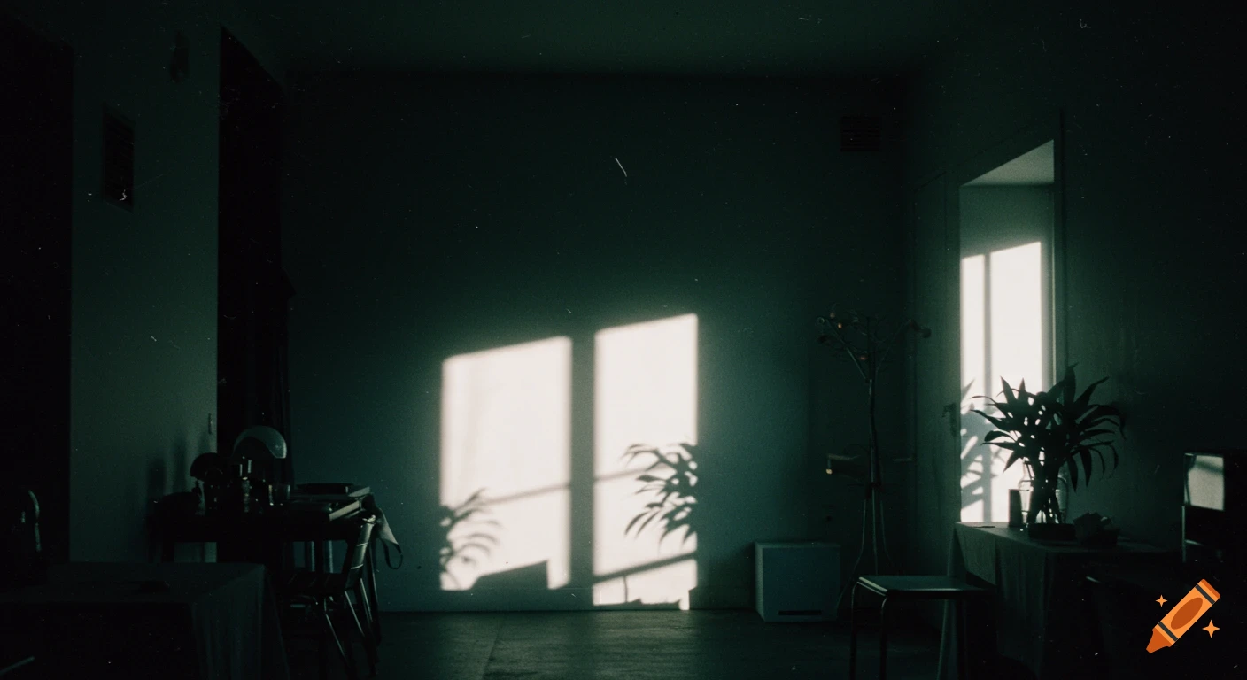 Sunlight streams through a window into a dimly lit, minimalist room, casting distinct shadows on a wall with plants and sparse furniture.