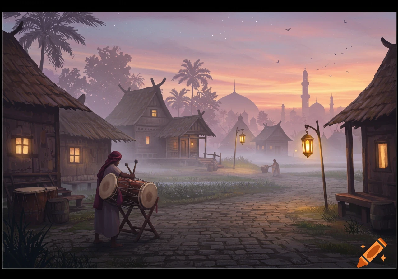 A person plays a large drum in a misty traditional village at dawn, with illuminated houses and distant mosques under a colorful sky, in an illustration.