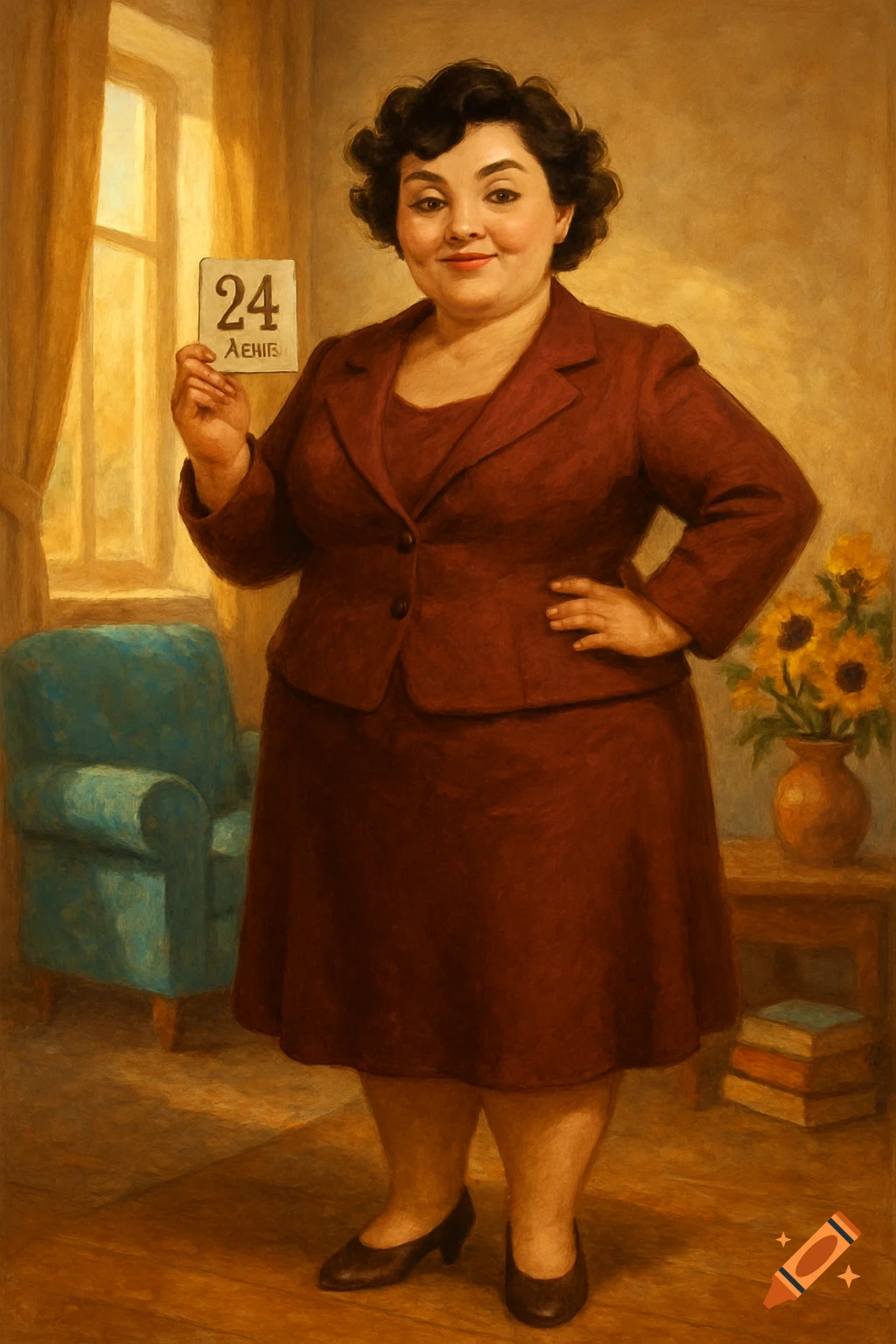 A heavyset woman with dark curly hair, wearing a dark red suit, stands in a warmly lit room, holding a card with "24" on it. The painting has an oil-on-canvas style.