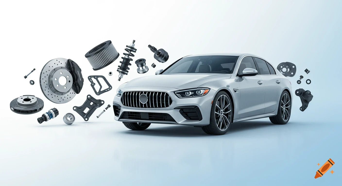 A sleek silver sedan with various detailed automotive spare parts like brake discs, filters, and suspension components floating around it on a light blue to white gradient background.