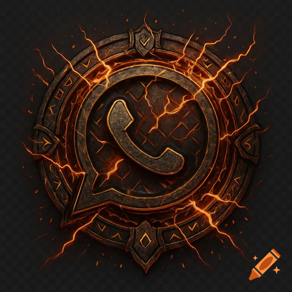 A dark fantasy WhatsApp icon, styled as a grimdark, medieval magical seal with a phone symbol and glowing orange lightning.