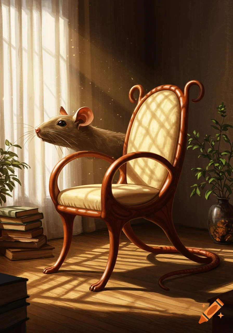 A stylized rat-shaped wooden chair in a sunlit room, with a brown rat peeking over its back. Digital art.