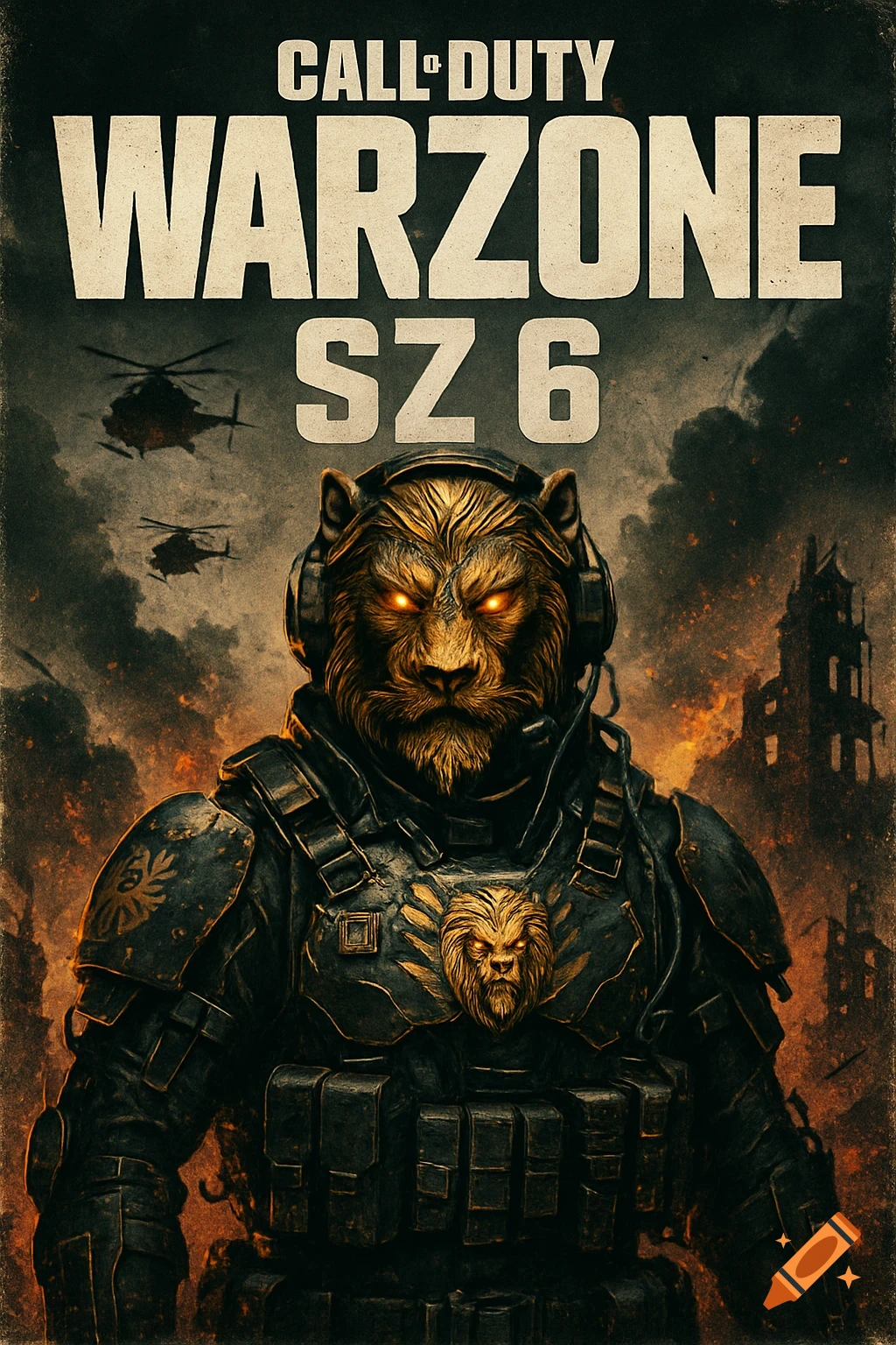 Gritty Call of Duty Warzone poster with a lion-headed operator in tactical armor, glowing eyes, helicopters, and a war-torn background.