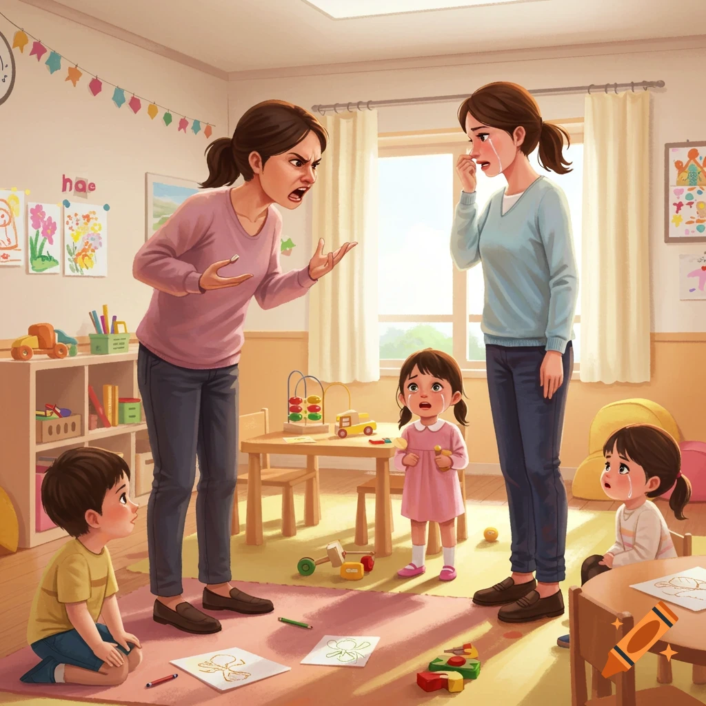 An illustration of two adult women arguing in a colorful daycare room while three small children watch with worried expressions.