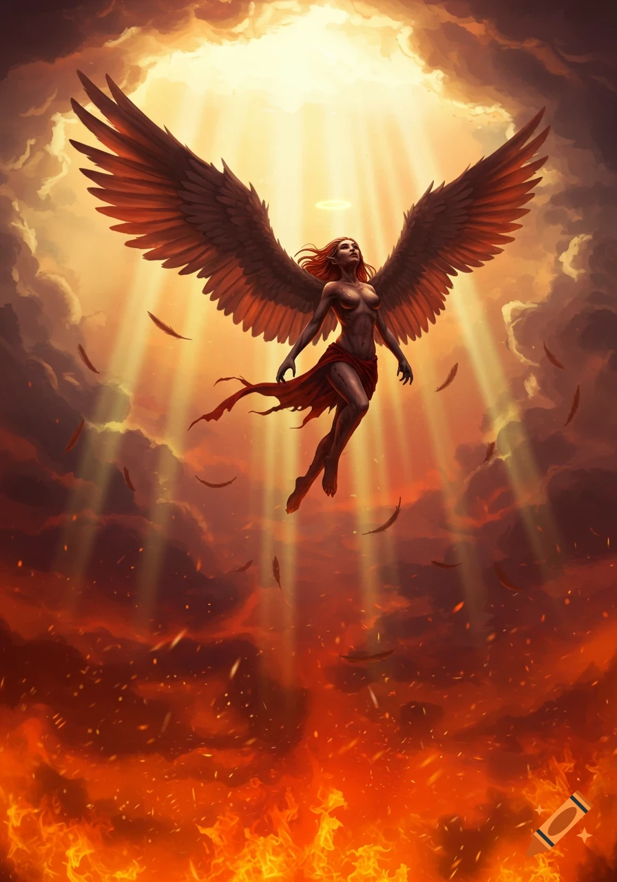 A female harpy with large wings rises from fiery hell towards heavenly light, shedding feathers in a dramatic digital painting.