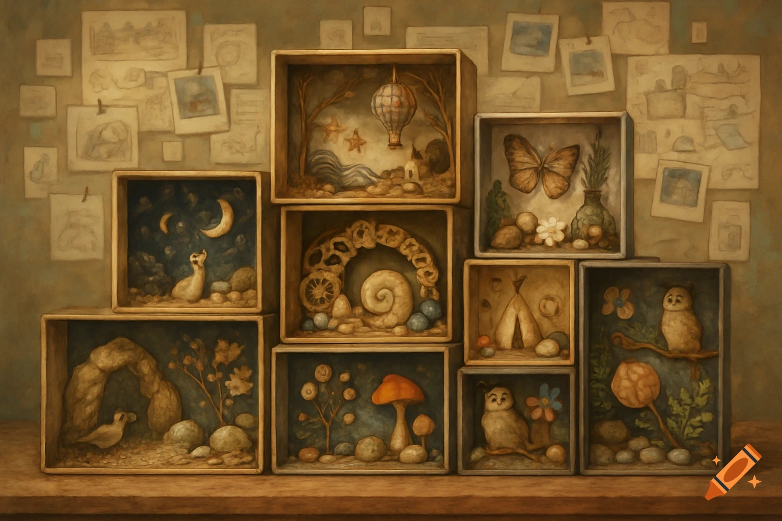 An artistic display of stacked shoebox dioramas, each featuring whimsical natural scenes and creatures, against a wall of sketches.