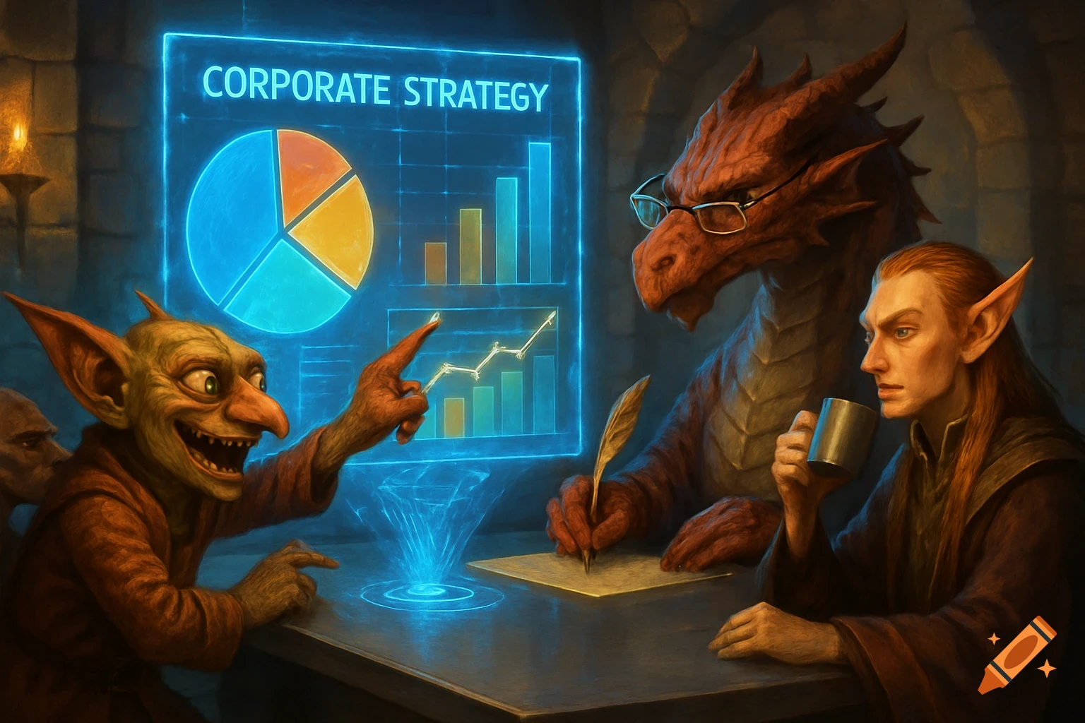 A goblin, dragon, and elf hold a corporate strategy meeting. The goblin points at a holographic pie chart while the dragon takes notes and the elf sips coffee.