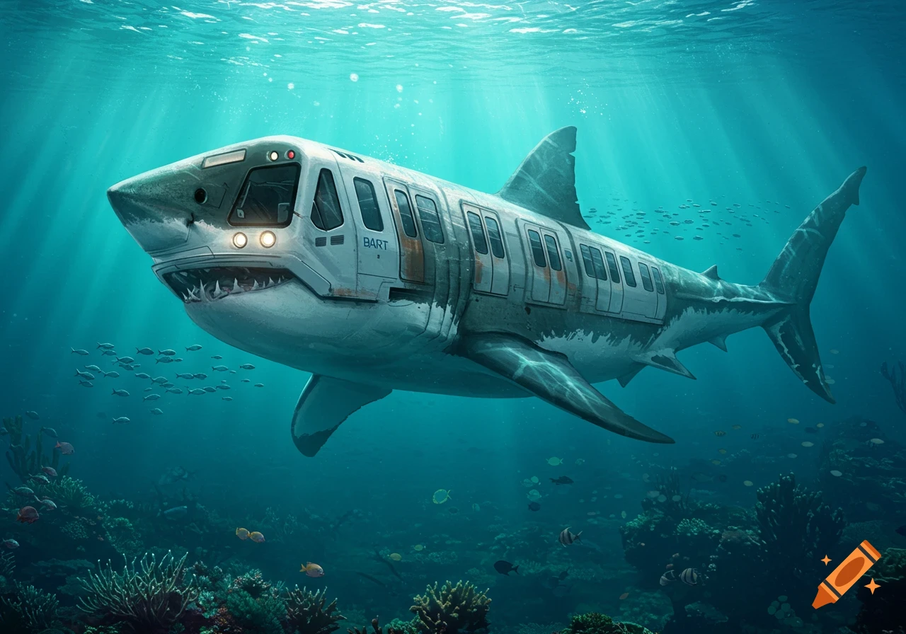 A photorealistic great white shark with a BART train as its head swims underwater amidst a coral reef and schools of fish.