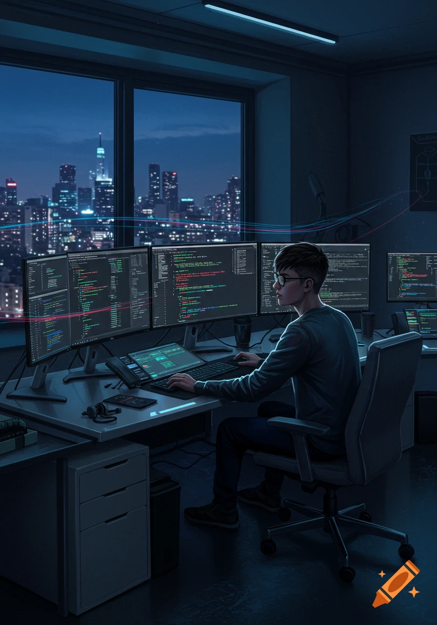 A young programmer works on multiple monitors displaying code in a dark room with a city skyline at night through a window.