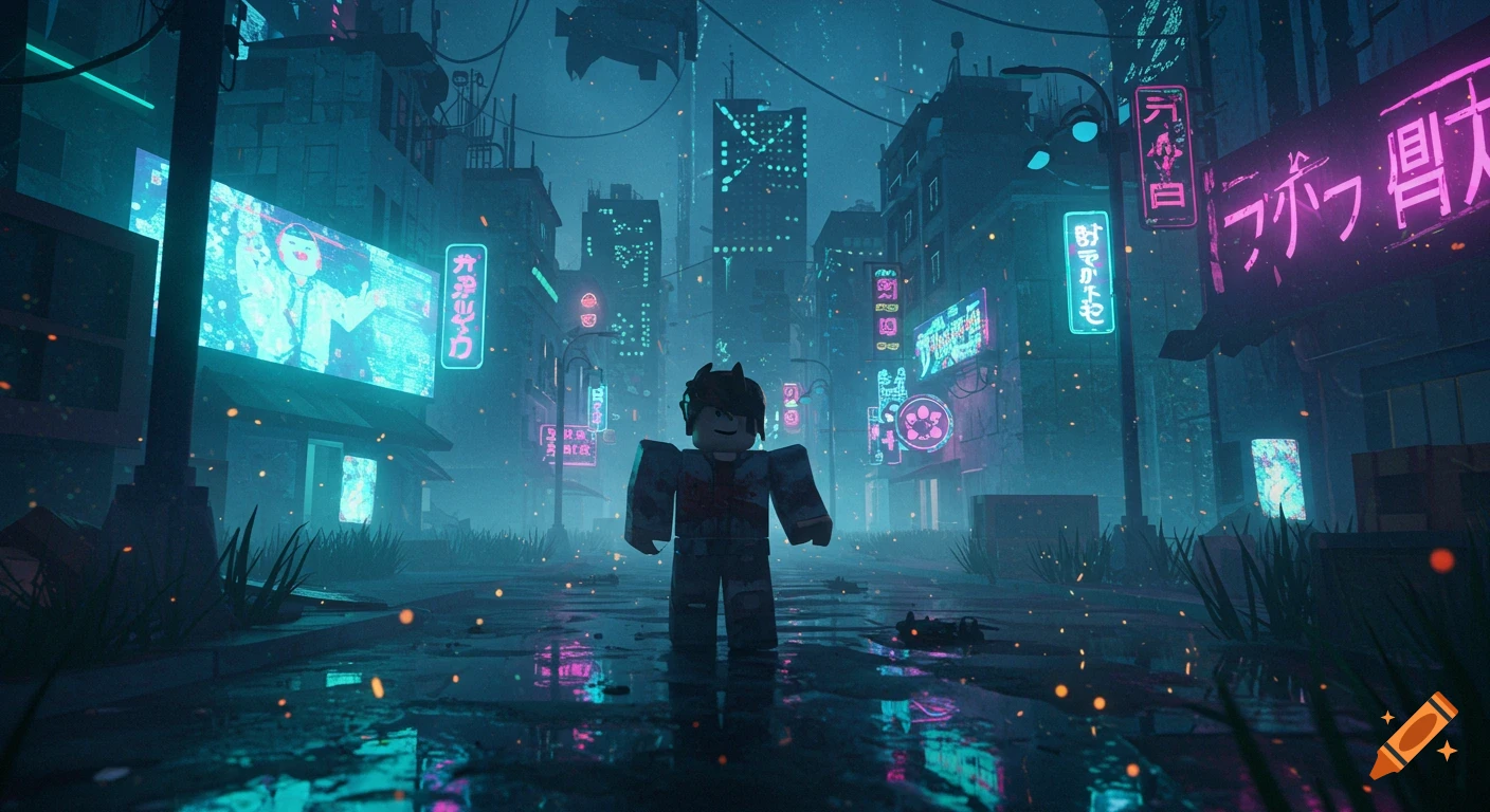 Roblox character stands in a neon-lit, rainy cyberpunk city street with glowing signs and tall buildings. Digital art.