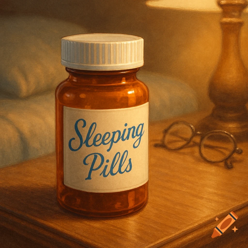 Amber pill bottle labeled 'Sleeping Pills' on a wooden nightstand with spectacles and a lamp, painterly style.