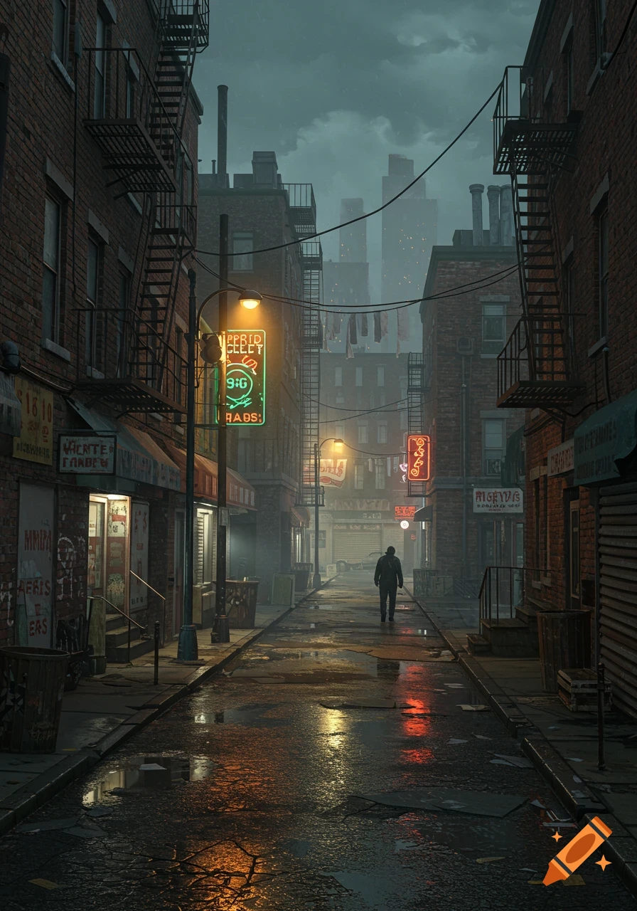 A man walks down a dark, wet city alley at night, lined with brick buildings, fire escapes, and glowing neon signs.