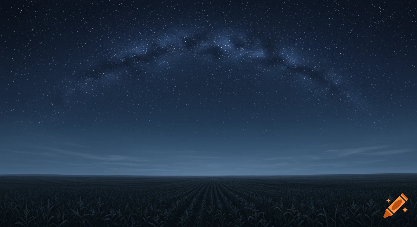 A wide shot of a starry night sky above a dark cornfield stretching to the horizon under a moonlight blue-gray wash.