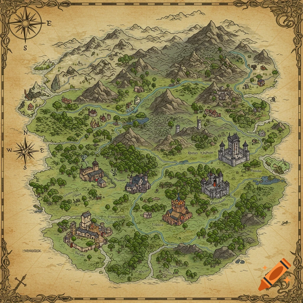 A colorful, illustrative fantasy map with mountains, rivers, forests, castles, and towns, featuring a compass rose and decorative borders.