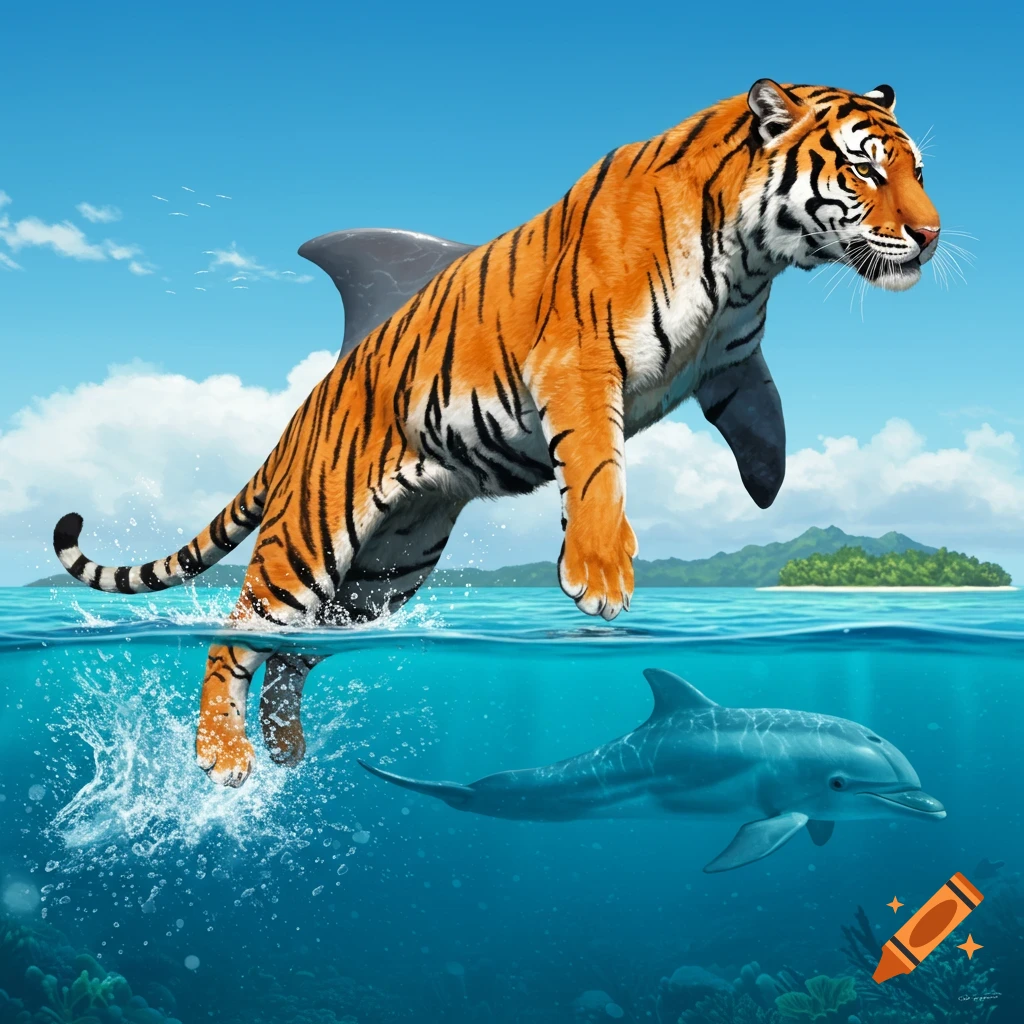 A tiger with a shark fin and dolphin fins on its legs jumps out of tropical ocean water, with a dolphin swimming underneath.