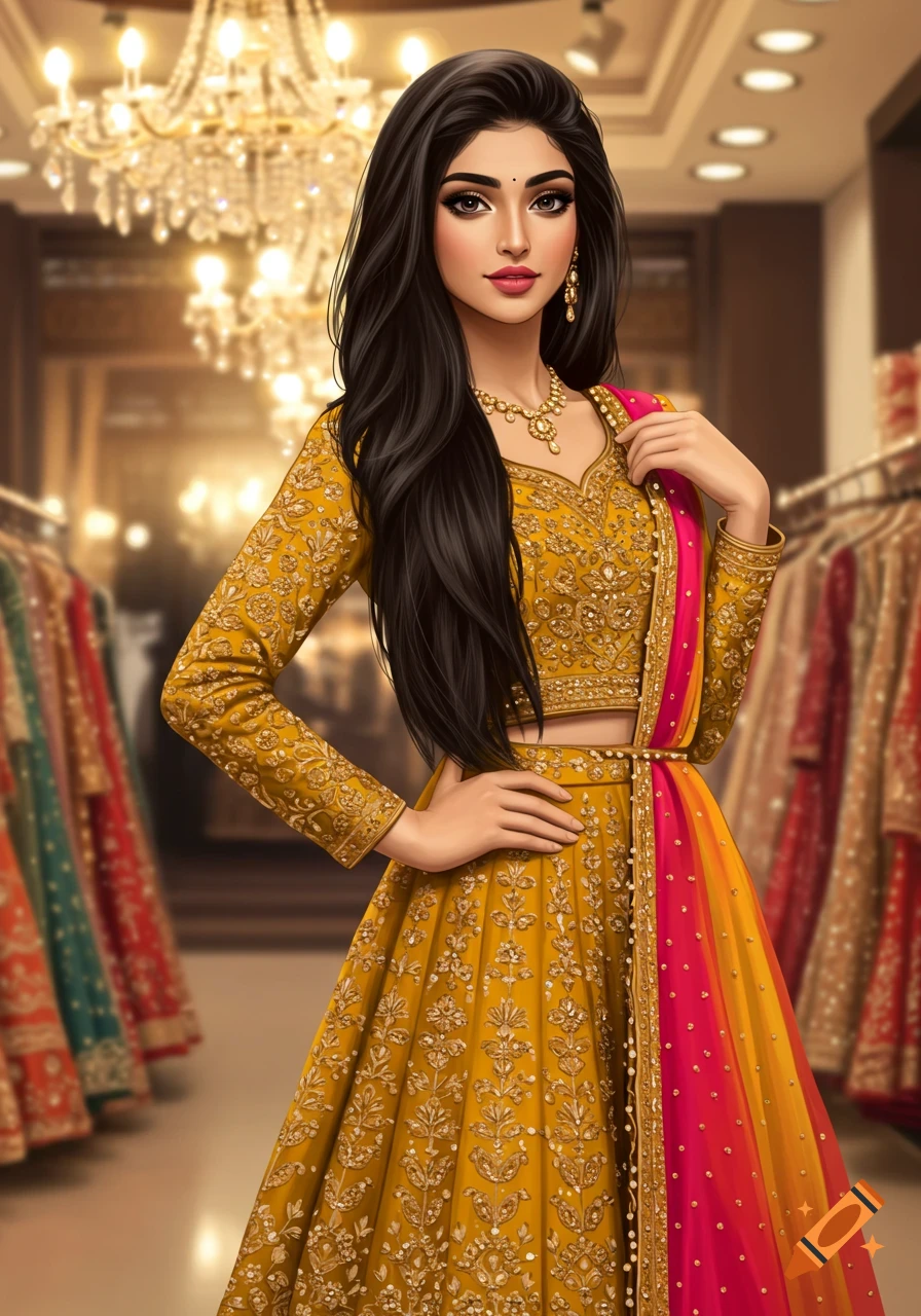 A stylized illustration of a young South Asian woman in a golden yellow embellished lehenga and pink dupatta, posing in a luxurious boutique.