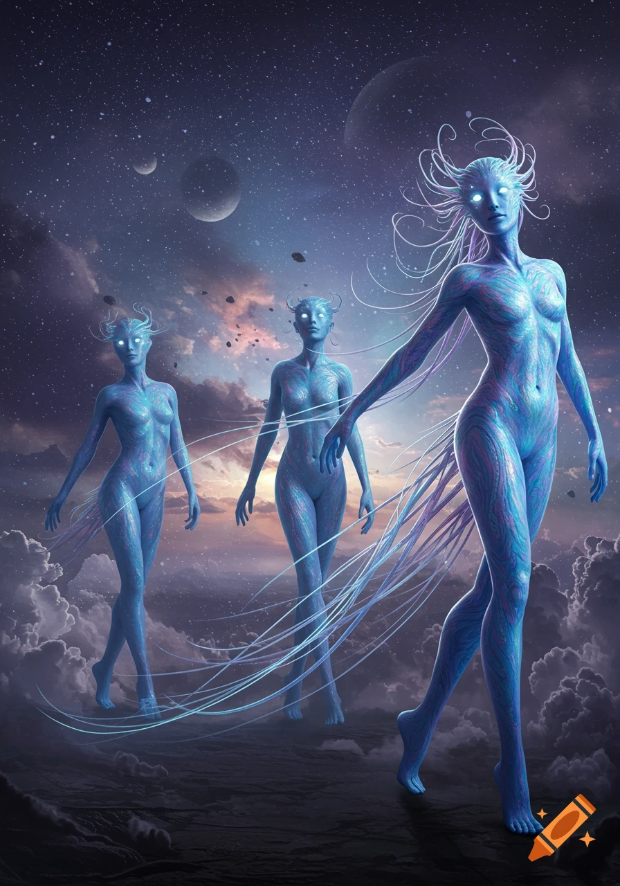 Three ethereal blue and purple alien figures with glowing eyes and tendril hair walk across a cosmic landscape.